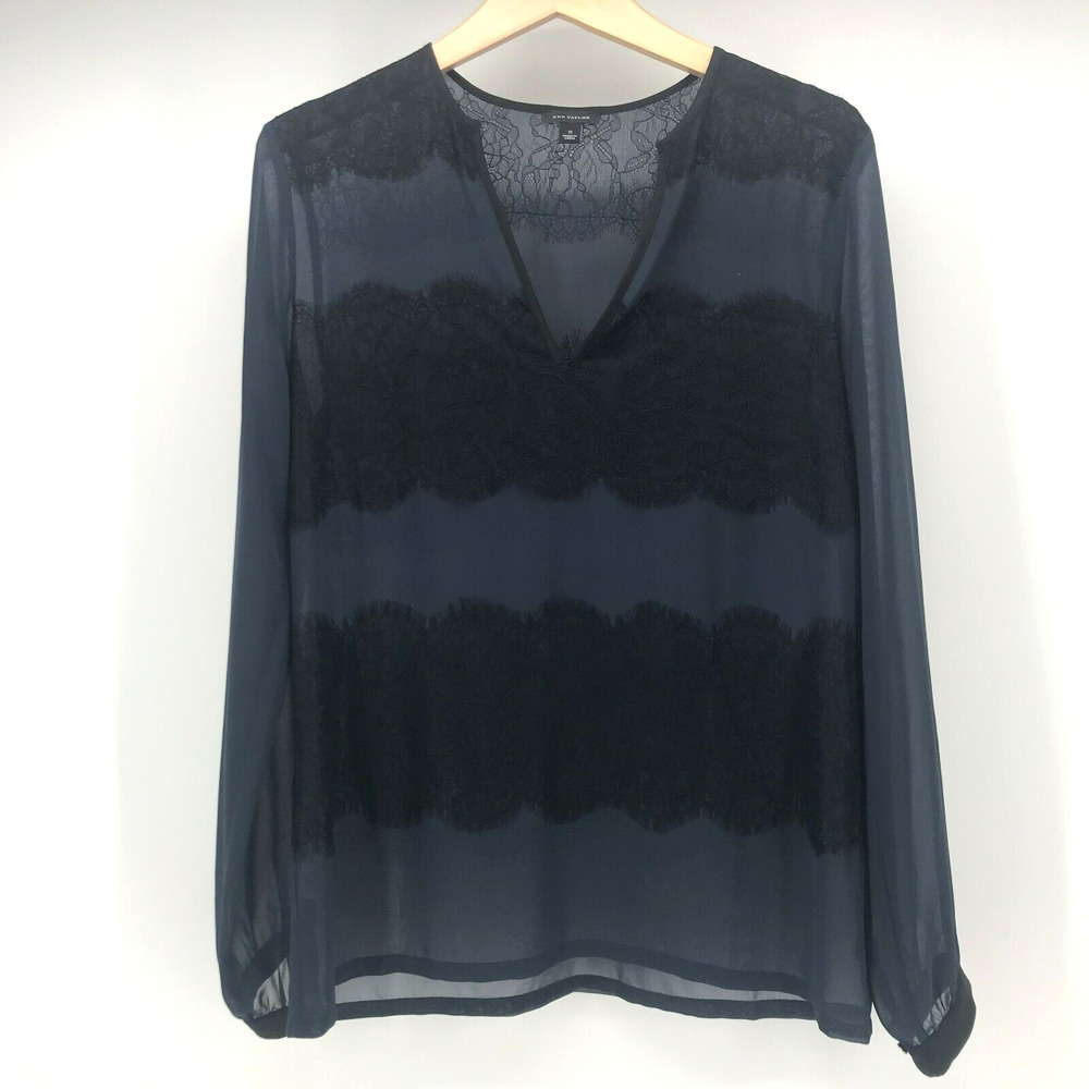 Ann Taylor Top Womens Small Navy Blue Black Lace Semi Sheer V Neck Long Sleeve